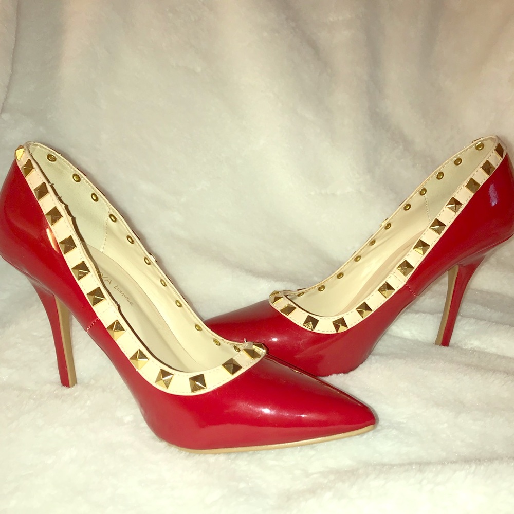 Wild Diva red pointed toe stud pumps